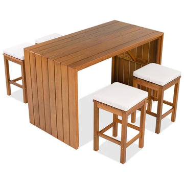 Acacia Wood Outdoor Bar Set — 5 Piece with Cushioned Stools
