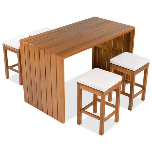 Acacia Wood Outdoor Bar Set — 5 Piece with Cushioned Stools