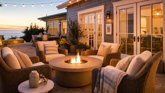 Coastal patio at dusk with a glowing fire pit table