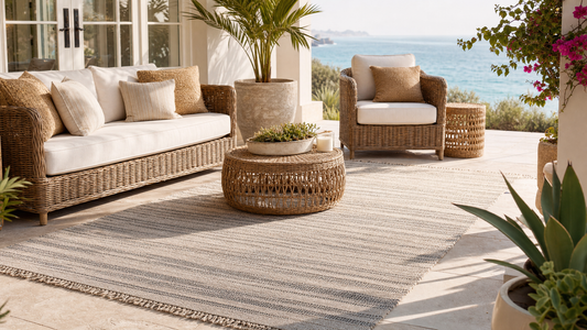 Coastal patio styled with an outdoor rug and wicker furniture