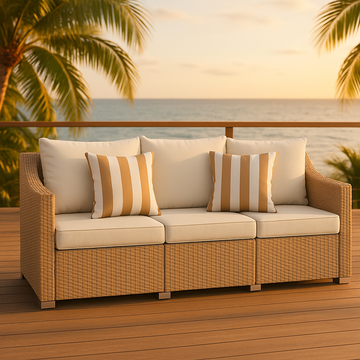 Coastal Rattan 3-Seater Patio Sofa with Cushions & 2 Throw Pillows