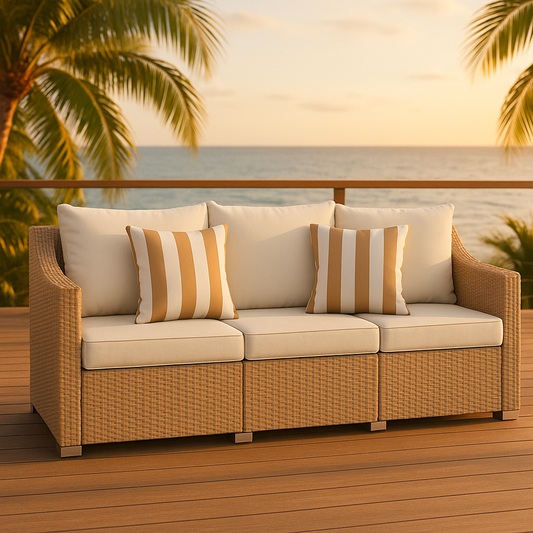 Coastal Rattan 3-Seater Patio Sofa with Cushions & 2 Throw Pillows