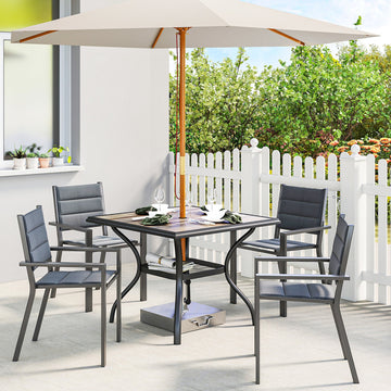 Square Outdoor Dining Table with Umbrella Hole & Shelf, Seats 4, Gray