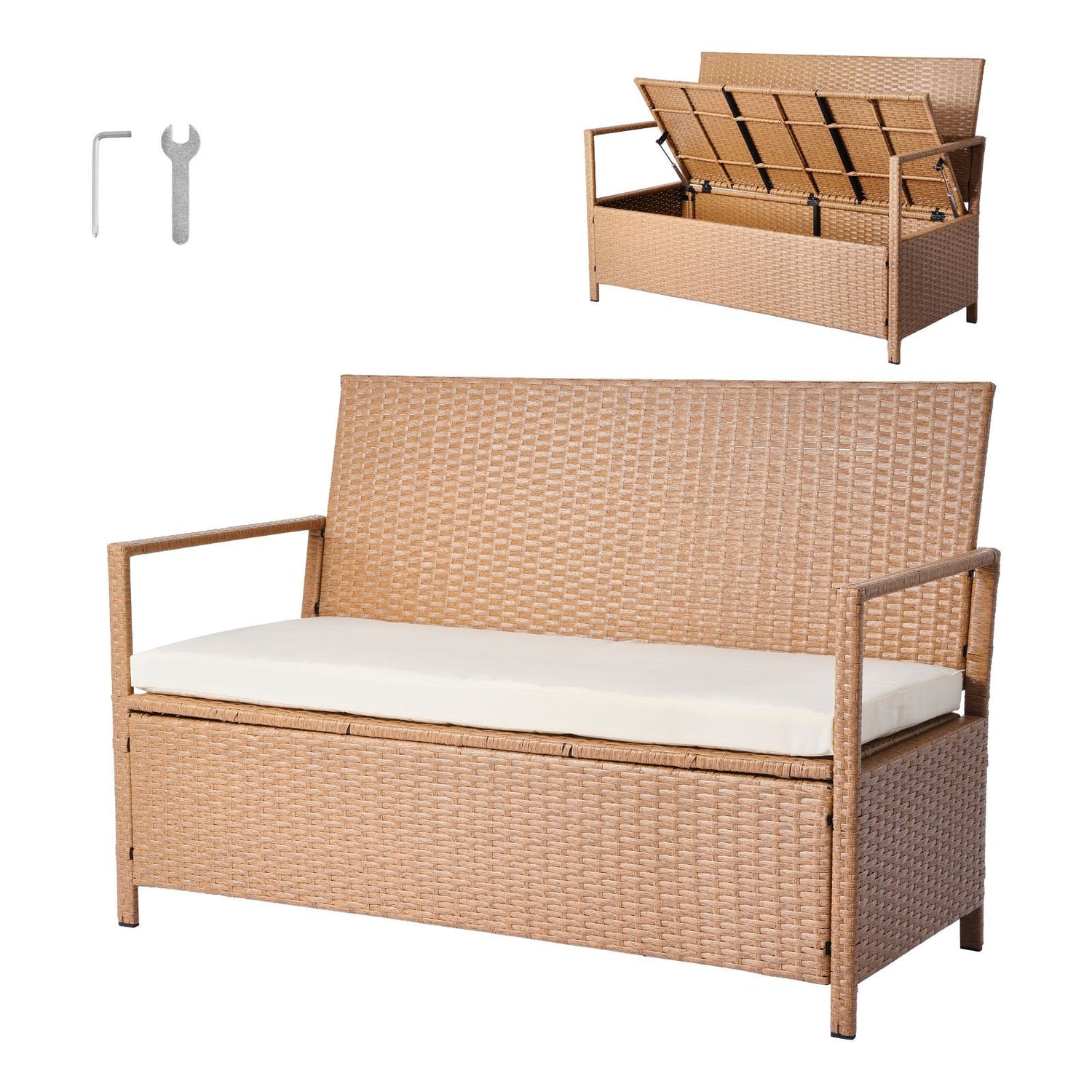 Rattan outdoor storage bench on a coastal patio