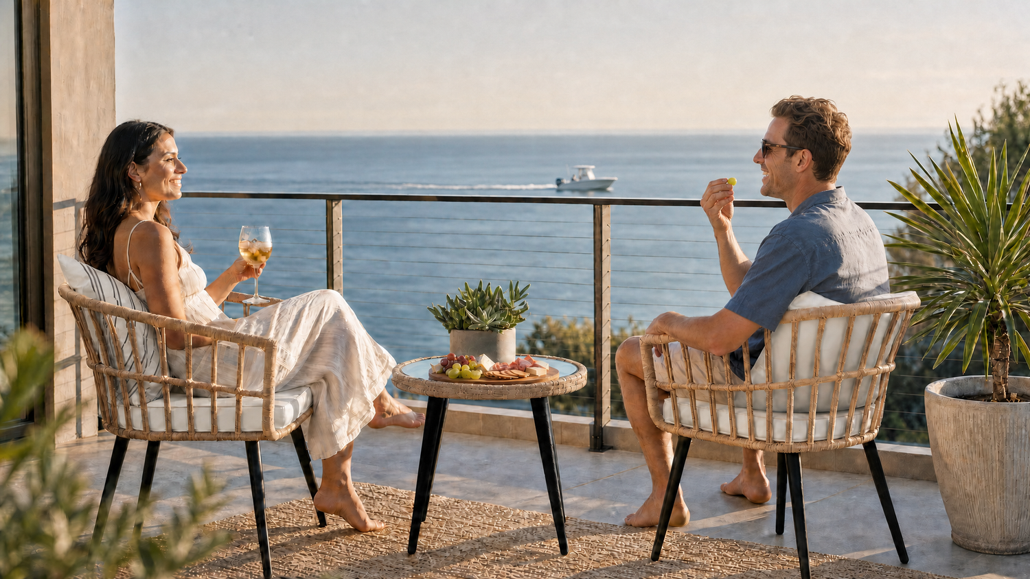 Coastal patio at dusk with bistro seating — new arrivals at Coastal Standard