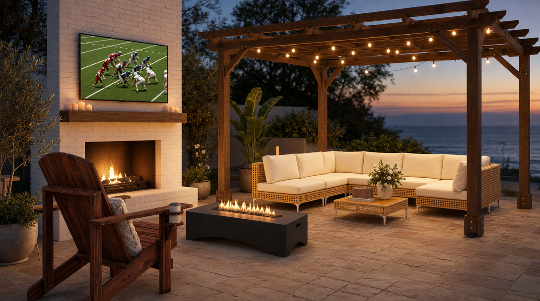 Pergola watch party ready for kickoff — sectional, fire pit table and string lights at dusk