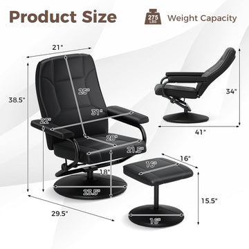 Swivel Recliner Lounge Chair with Ottoman, Black