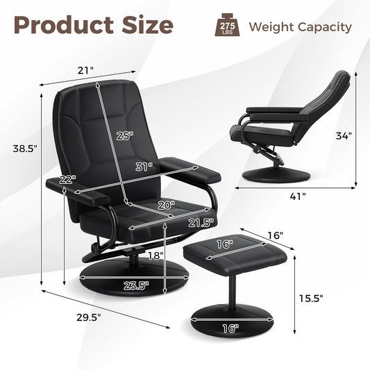 Swivel Recliner Lounge Chair with Ottoman, Black