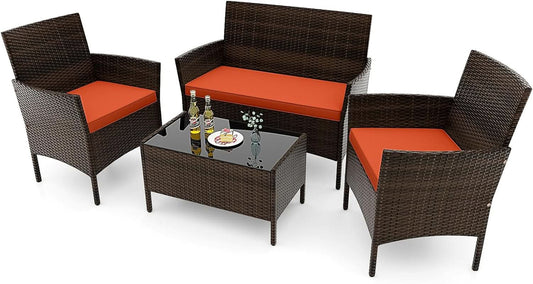 Hand-Woven PE Rattan Patio Conversation Set with Cushions and Table