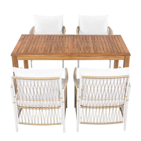 Acacia Outdoor Dining Set — 5-piece with 67-inch acacia wood table and four cushioned rattan chairs