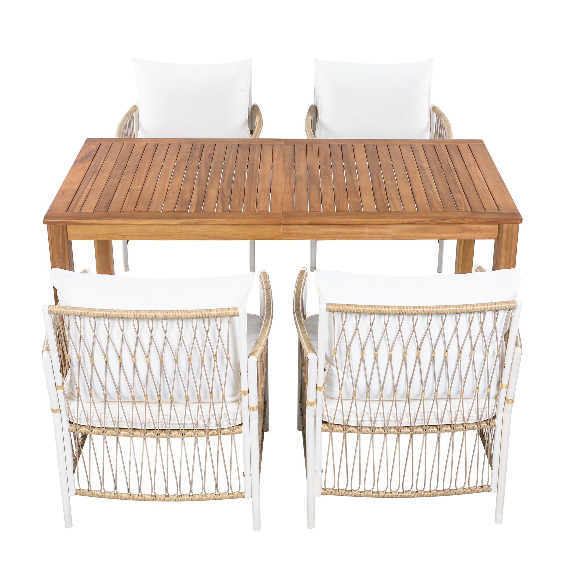 Acacia Outdoor Dining Set — 5-piece with 67-inch acacia wood table and four cushioned rattan chairs