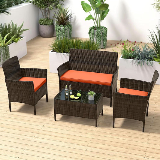 Hand-Woven PE Rattan Patio Conversation Set with Cushions and Table