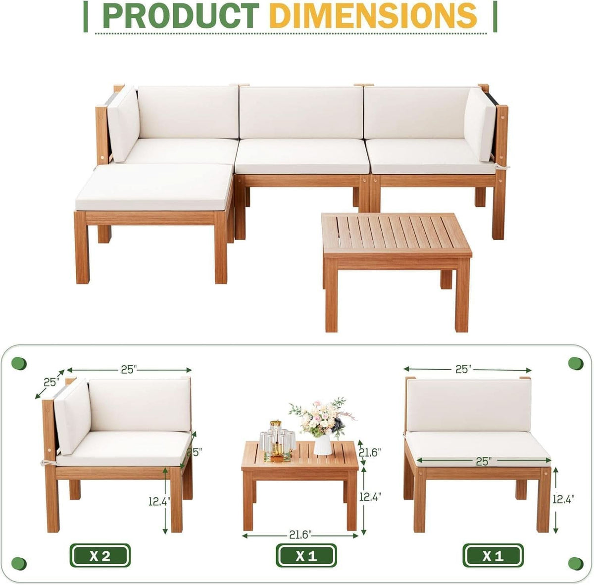 Acacia Wood Outdoor Sectional Sofa Set with Cushions-2