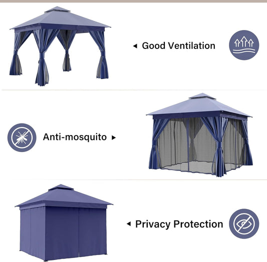 10x10 ft Navy Blue Patio Gazebo with Weather-Resistant Netting