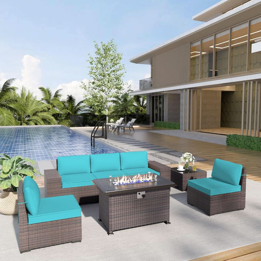 Rattan Patio Furniture Set with Fire Pit Table