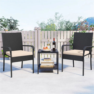 3-Piece PE Wicker Bistro Set with Glass 2-Tier Side Table, Beige