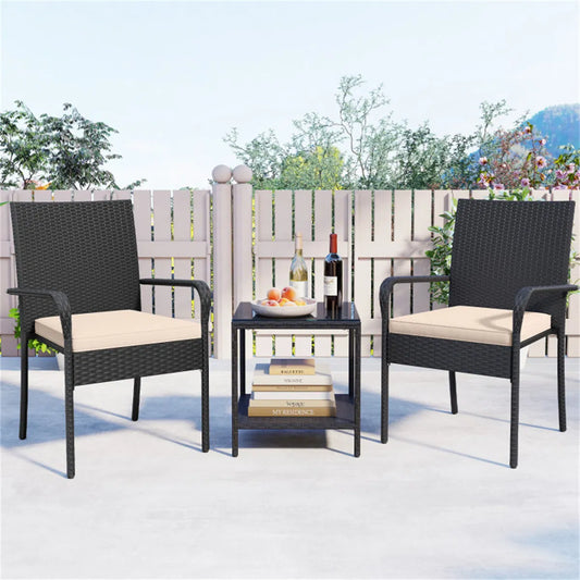 3-Piece PE Wicker Bistro Set with Glass 2-Tier Side Table, Beige