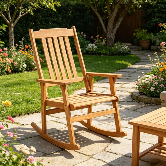 Solid Acacia Wood Outdoor Rocking Chair with Slatted Back