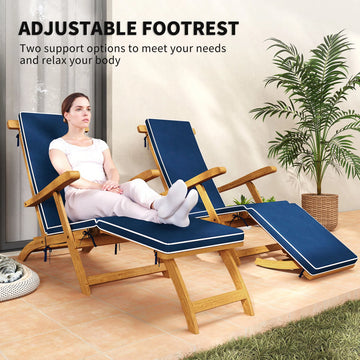 Folding Acacia Wood Patio Lounger with Padded Cushion, Navy