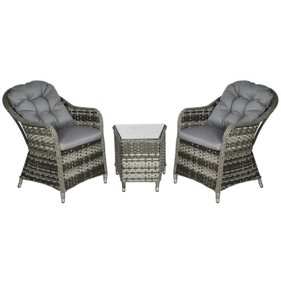Rattan Bistro Set — 2 Armchairs & Glass Side Table, Grey