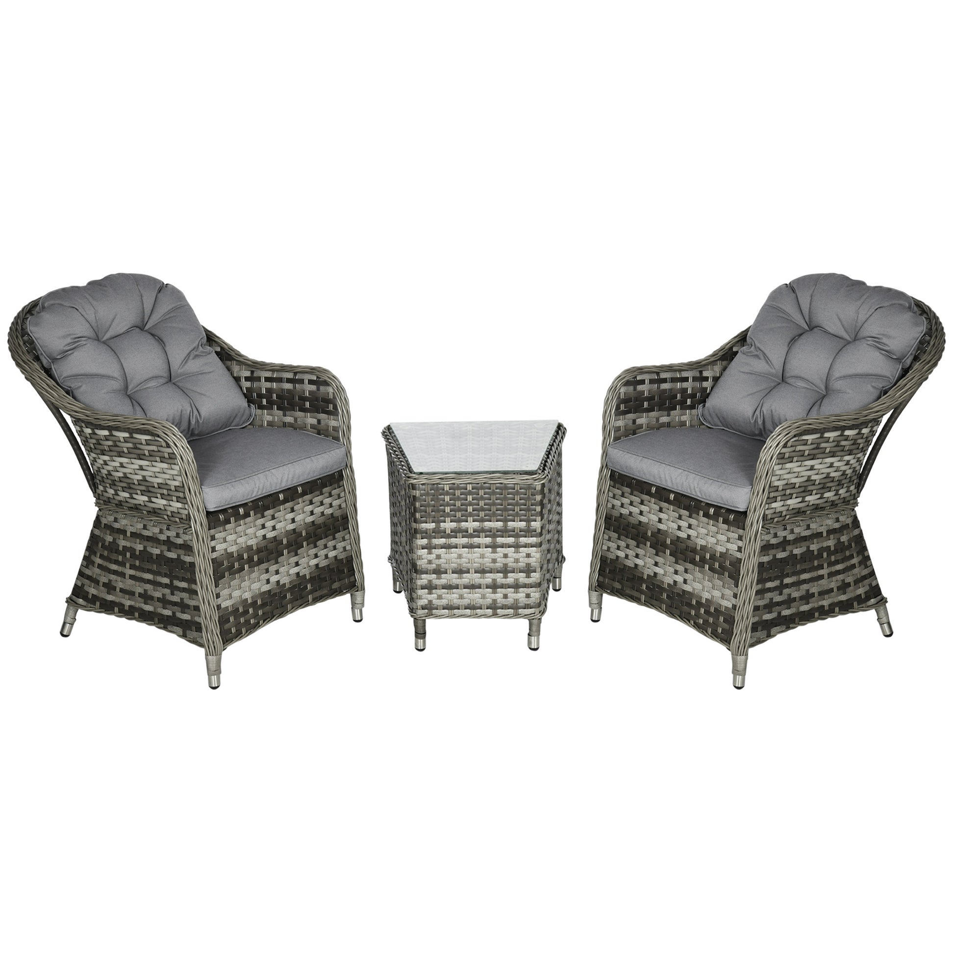 Rattan Bistro Set — 2 Armchairs & Glass Side Table, Grey