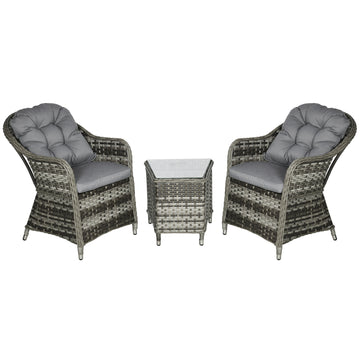 Rattan Bistro Set — 2 Armchairs & Glass Side Table, Grey