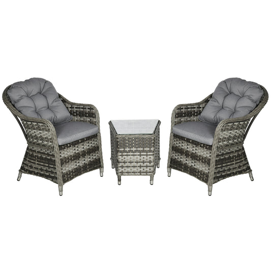Rattan Bistro Set — 2 Armchairs & Glass Side Table, Grey