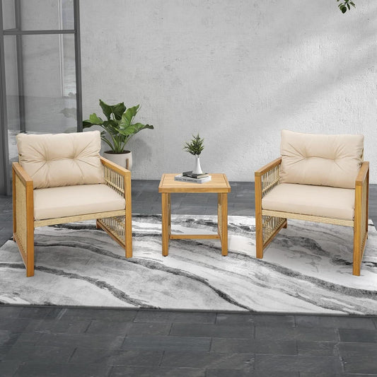 3-Piece Acacia Wood Patio Set with Beige PE Wicker Chairs and Coffee Table