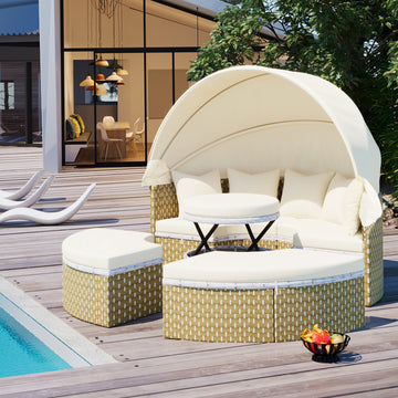 Topmax Patio Furniture Round Outdoor Sectional Sofa Set Rattan Daybed