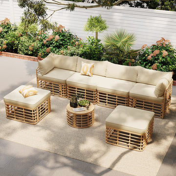 7-Piece All-Weather Rattan Outdoor Sectional Sofa Set, Brown