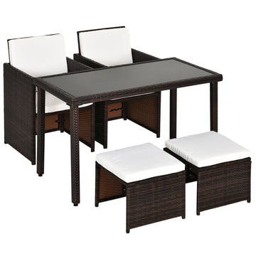 PE Rattan Cube Dining Set — 2 Armchairs, 2 Stools & Glass Table