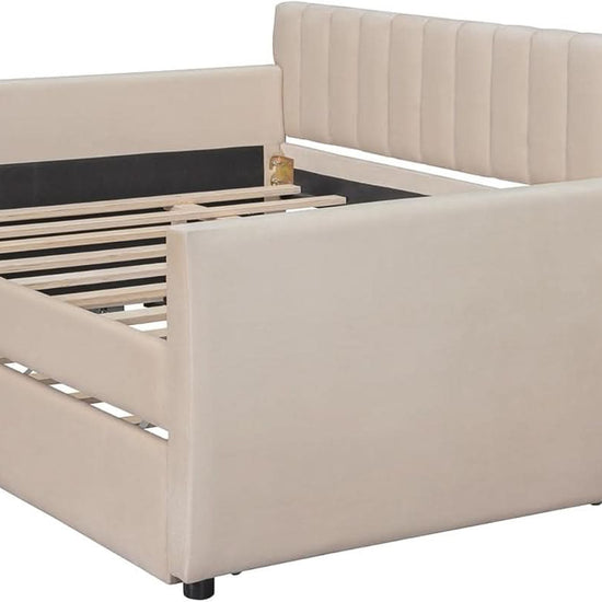 Full Sized Velvet Beige Upholstered Daybed Trundle-4