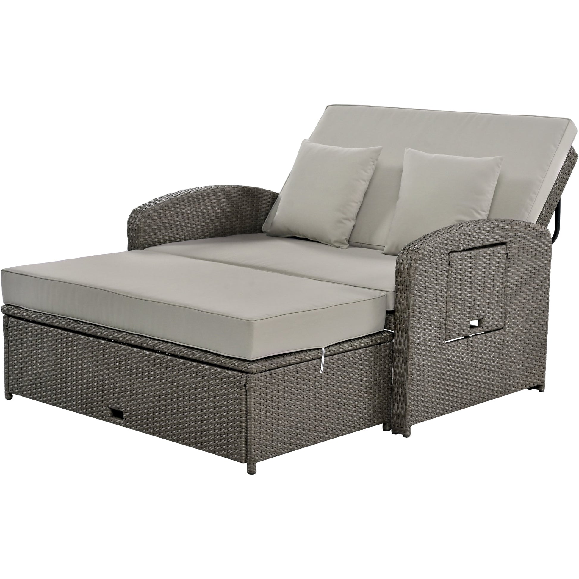 Wicker Double Chaise Lounge — two-person reclining wicker loungers with cushions and middle table