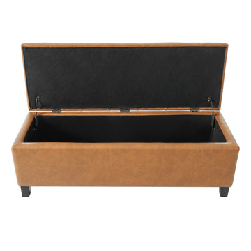 Tufted Storage Ottoman Bench, Brown PU with Wood Legs
