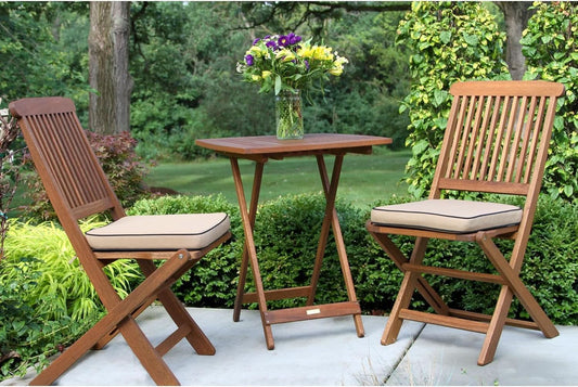 Eucalyptus Wood 3-Piece Foldable Bistro Set with Beige Cushions
