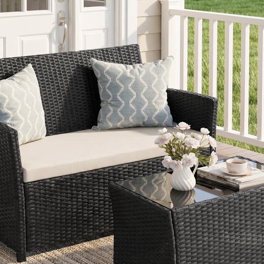 Rattan 4-Piece Conversation Set with Glass Table