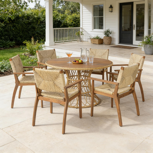 Durable Outdoor Dining Table - Round Acacia Wood Top & Wicker Base, Teak Finish Patio Table For 4 - 6, Garden Outdoor Furniture  Compatible With Matching Chairs