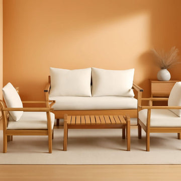 Outdoor Acacia Wood 4-Piece Chat Set Teak Finish Cushions