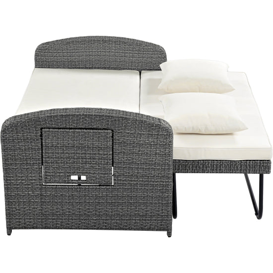 Wicker Double Chaise Lounge — two-person reclining wicker loungers with cushions and middle table