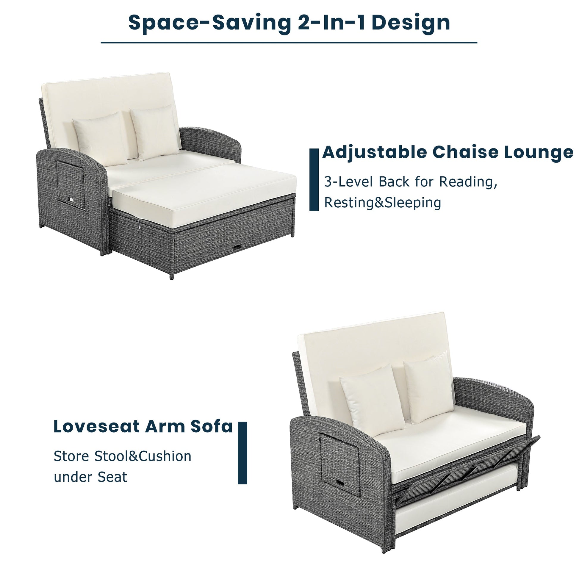 Wicker Double Chaise Lounge — two-person reclining wicker loungers with cushions and middle table