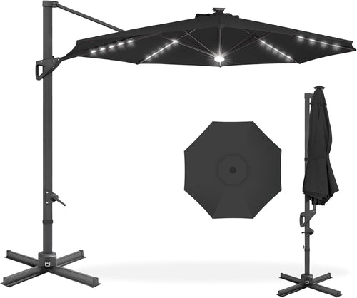 10 Ft Solar LED Offset Patio Umbrella with 360° Rotation