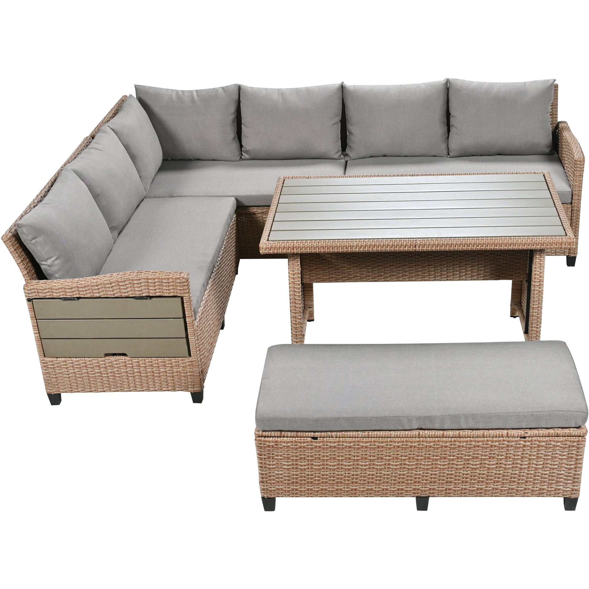 Rattan L-Shaped Patio Sectional — 5-piece outdoor wicker sectional sofa set with cushions