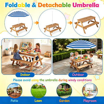 Navy Kids Picnic Table with Adjustable Umbrella & Sand-Water Play