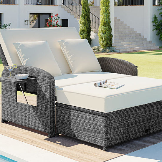 Wicker Double Chaise Lounge — two-person reclining wicker loungers with cushions and middle table