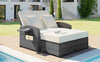 Wicker Double Chaise Lounge — two-person reclining wicker loungers with cushions and middle table