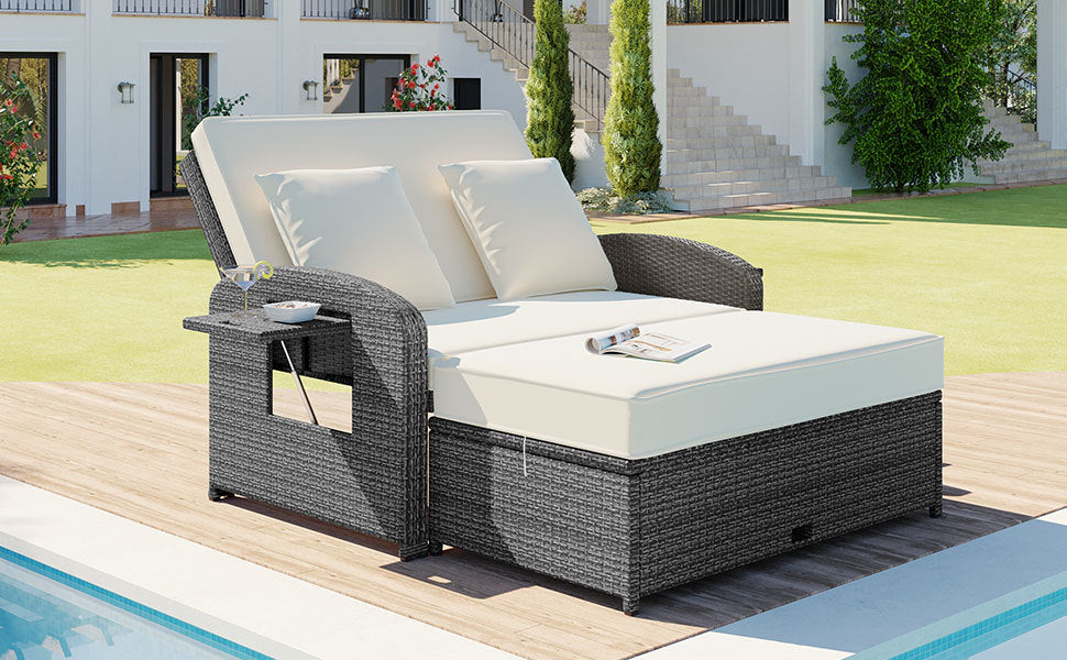 Wicker Double Chaise Lounge — two-person reclining wicker loungers with cushions and middle table