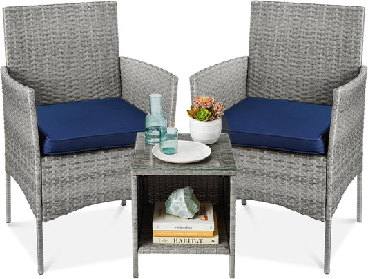 Coastal Wicker Bistro Set — 3 Piece, Navy & Gray