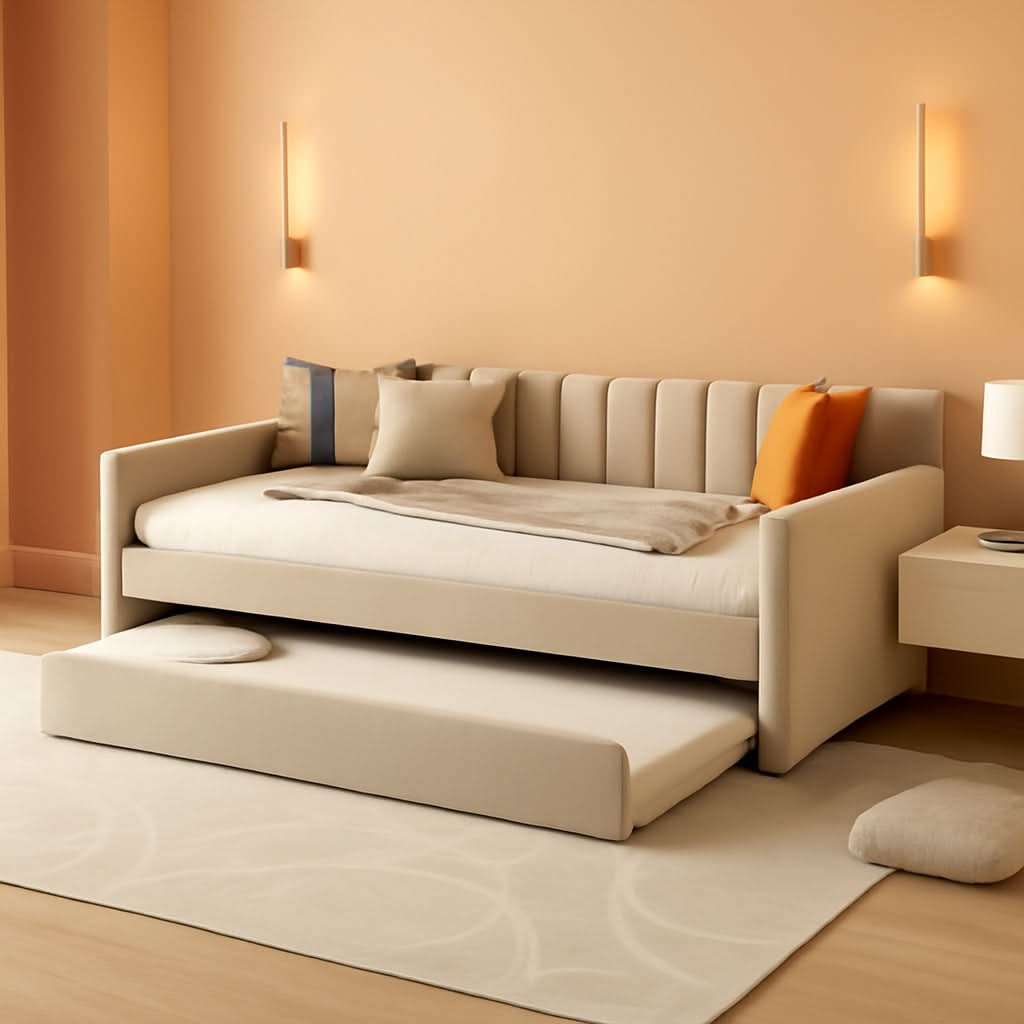 Full Sized Velvet Beige Upholstered Daybed Trundle-0