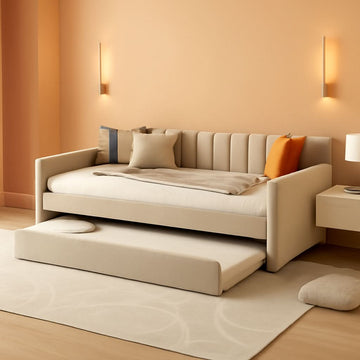 Full Sized Velvet Beige Upholstered Daybed Trundle-0