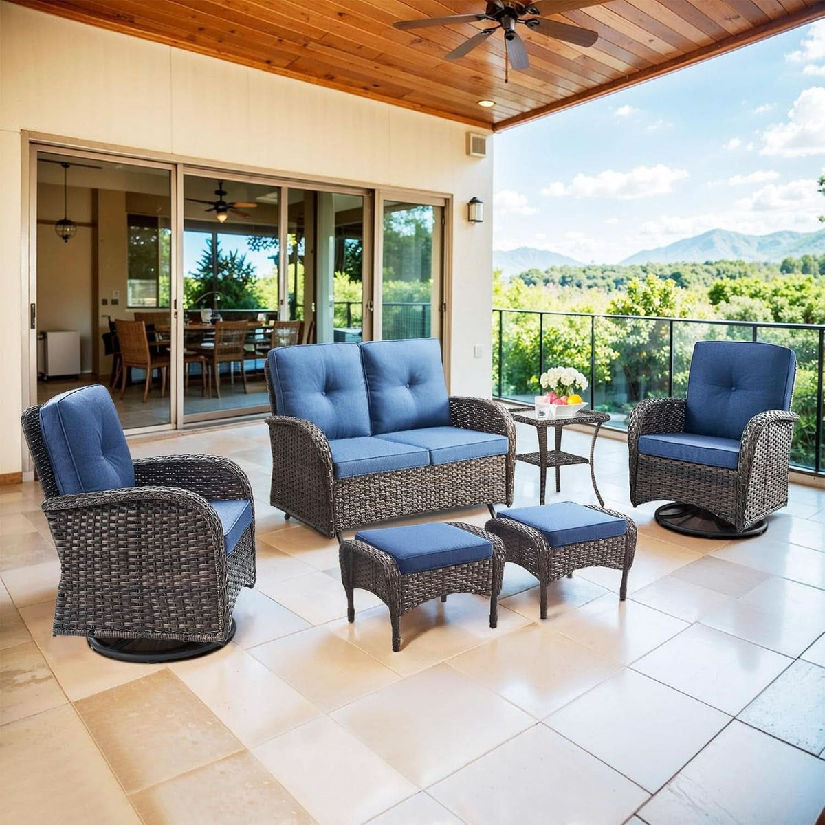 6 Piece Patio Conversation Set Brown Wicker Blue Cushions-2